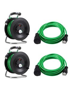 Bedruckungs-Paket 3: 2 x Kabeltrommel Professional Kunststoff in Schwarz, 40 m 2 x Panzerkabel-Verlängerungsleitungen PLUS, 10 m Grün H07BQ-F 3G1,5