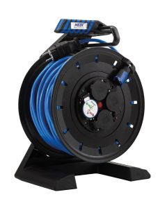 Vollkunstoffkabeltrommel HEDI Generation 7, schwarzem Trommelkörper 40 m H07BQ-F 3G2,5 blau